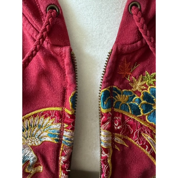 Lucky Brand Embroidered Zip Hoodie Asian Art Bird Floral Graphic Red Size XL - Picture 5 of 16